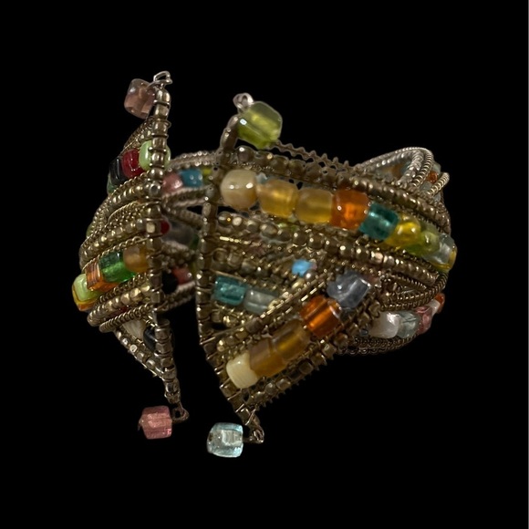 Multi Colored Beaded Cuff Bracelet Retro 90s Bohemian silver fash jewelry - Picture 1 of 4